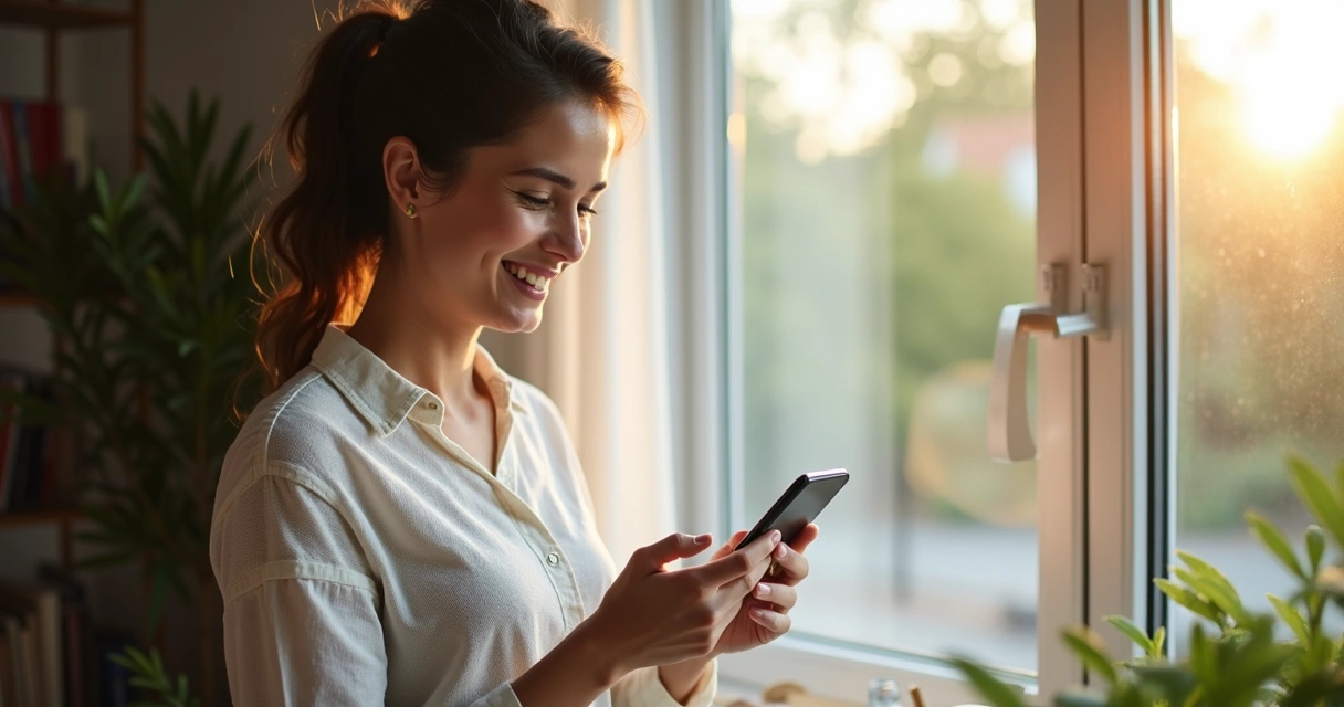 Profissional sorrindo ao revisar saldo em plataforma digital 