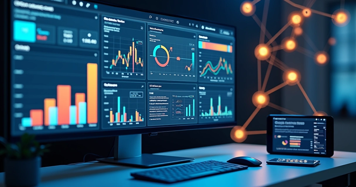 Computador mostrando análise de dados de SEO com gráficos, sitemap e robôs de indexação ao fundo 