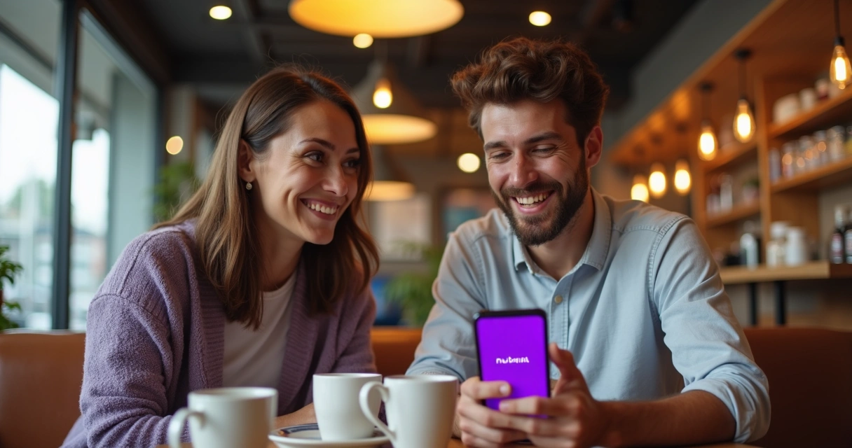 Duas pessoas conversando e sorrindo com celular Nubank 