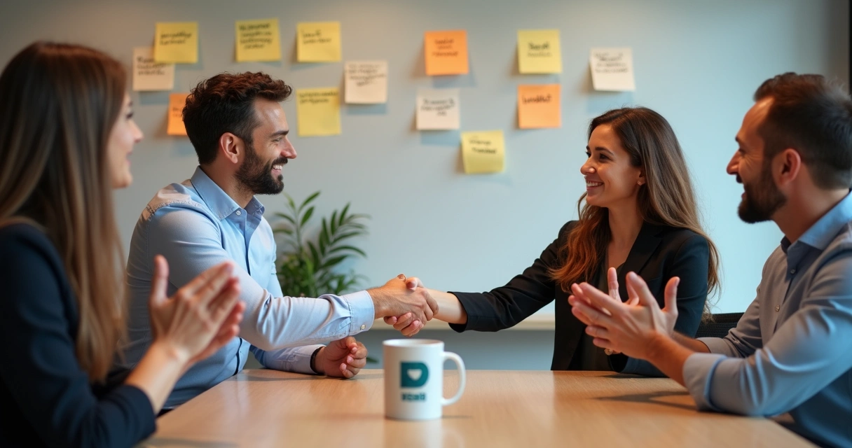 Cliente satisfeito cumprimentando um gerente, com colegas sorrindo ao fundo. 