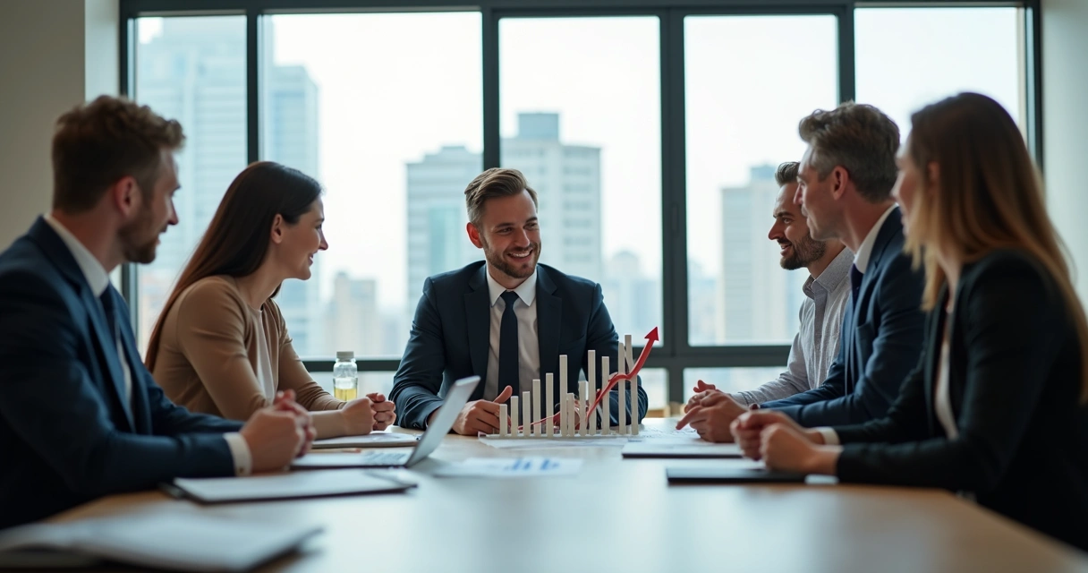 Equipe reunida em uma mesa de reunião mostrando gráficos de vendas crescentes 