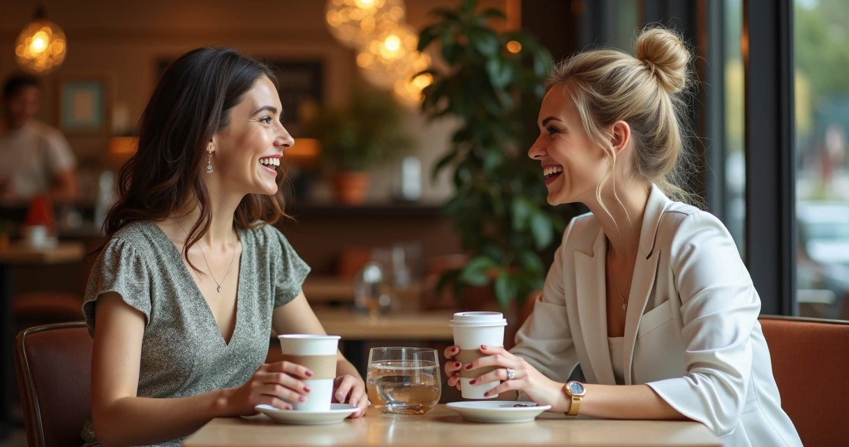 Mulher feliz conversando sobre clínica de saúde com amiga em cafeteria 