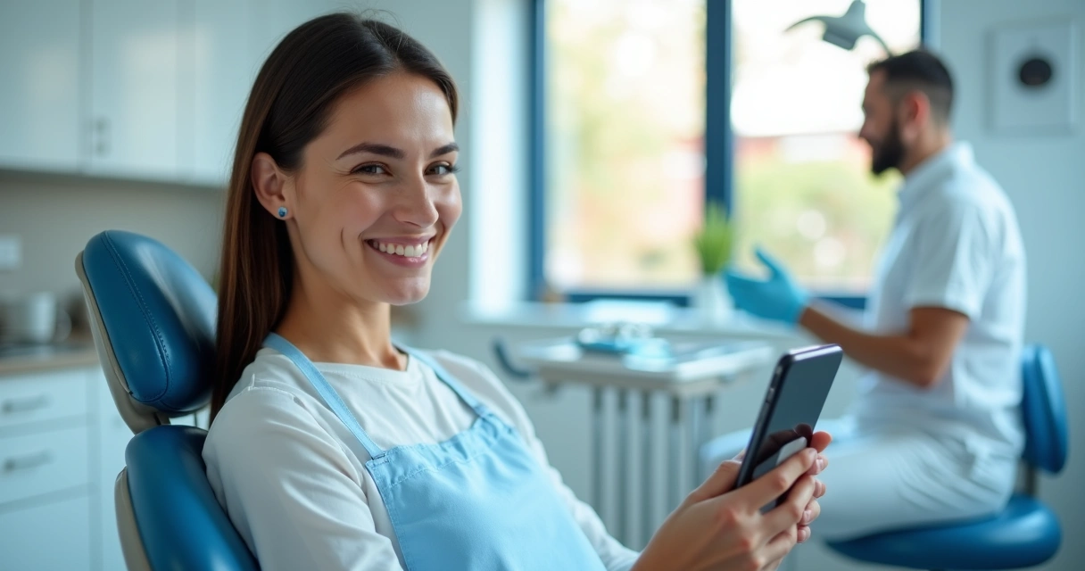 Paciente sorrindo enquanto grava um vídeo para redes sociais em clínica