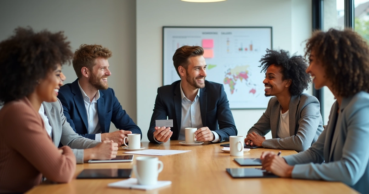 Grupo de pessoas em reunião informal trocando recomendações de negócios 