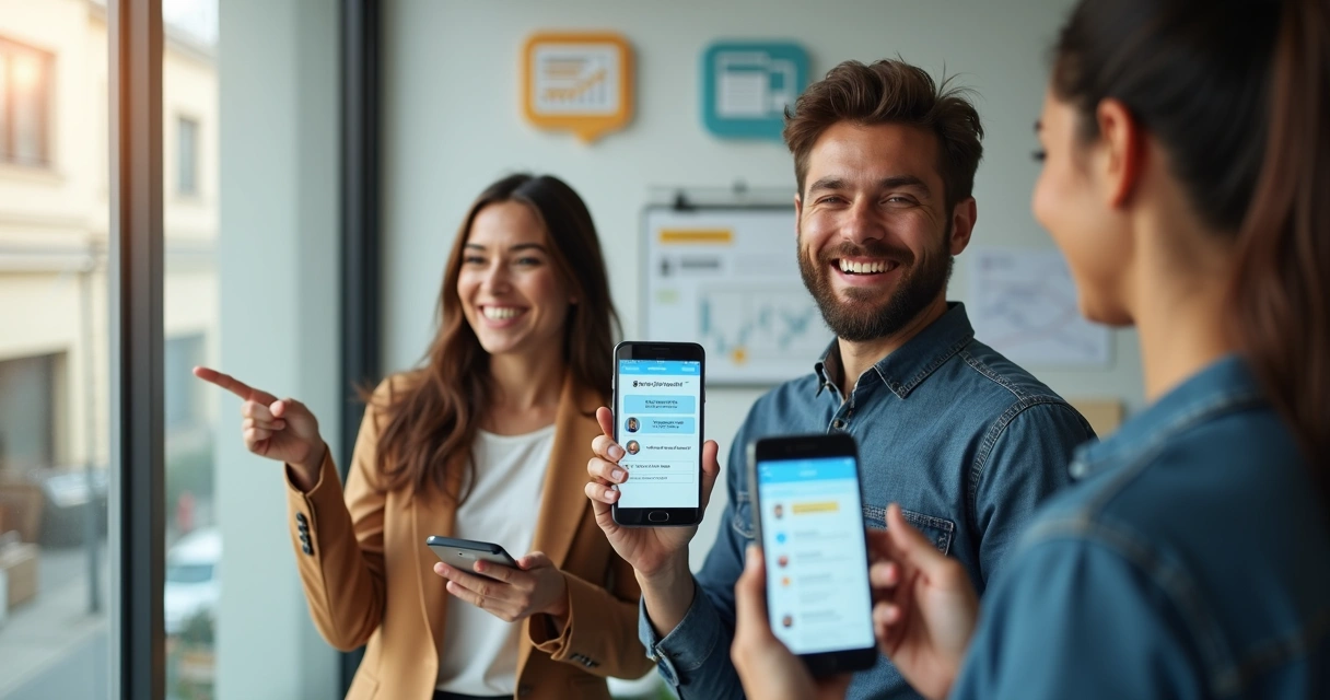 Clientes felizes sorrindo segurando celulares 
