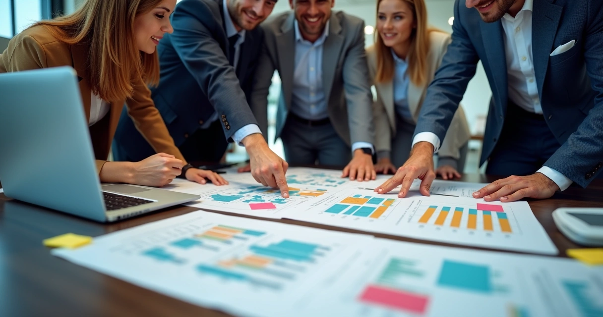 Profissionais reunidos analisando recomendações de clientes em papéis e computador 