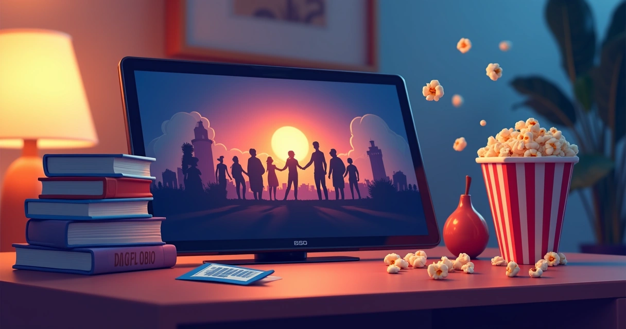 Livros ao lado de tela exibindo série e sessão de filme