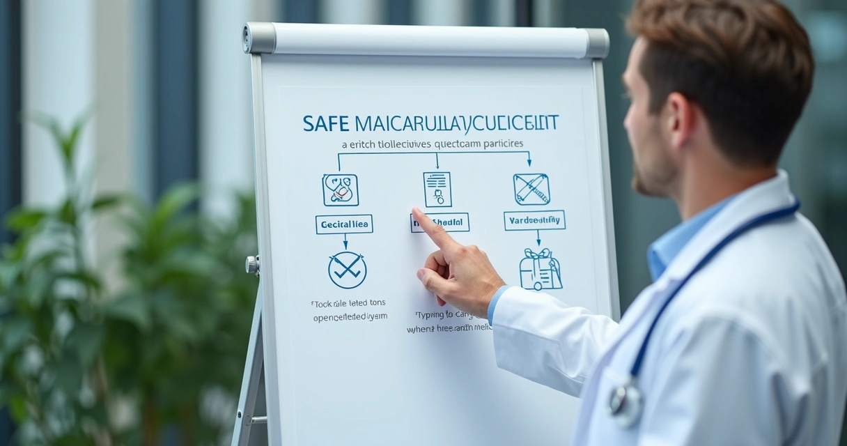 Profissional médico apontando em quadro indicações seguras de uso dos medicamentos 