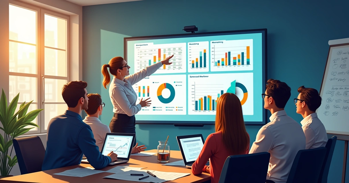 Indicadores em tela com gráficos e equipe reunida 