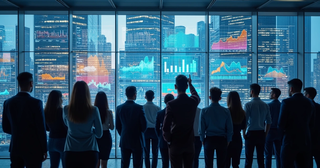 Pessoas em frente a tela gigante analisando previsões de eventos 