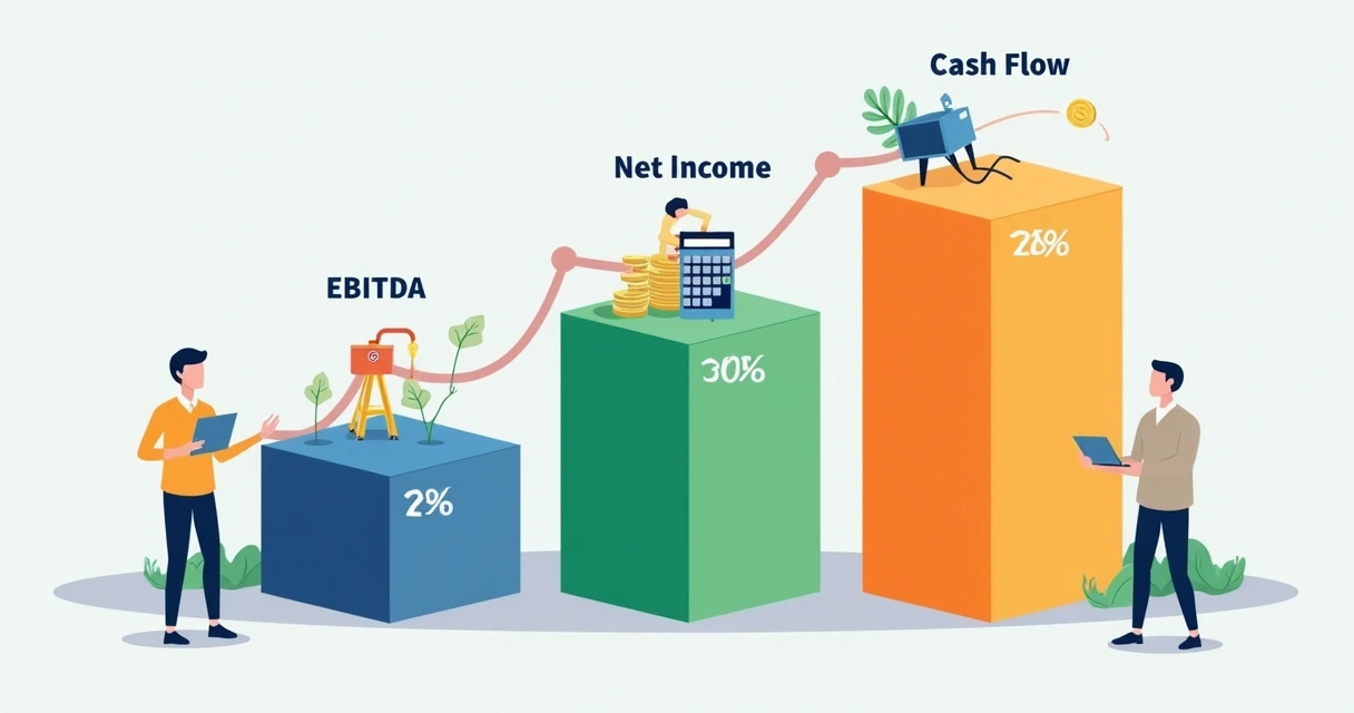 Gráfico mostrando comparação entre EBITDA, lucro e fluxo de caixa
