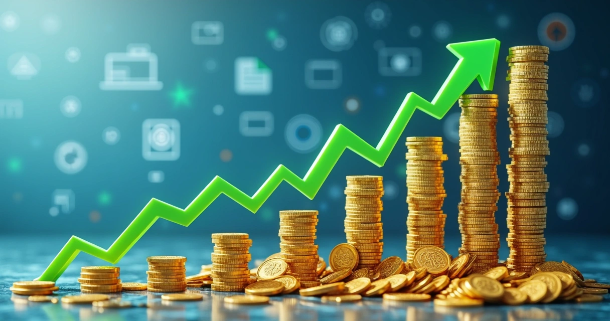 Gráfico mostrando aumento do índice de qualidade, com setas e moedas.