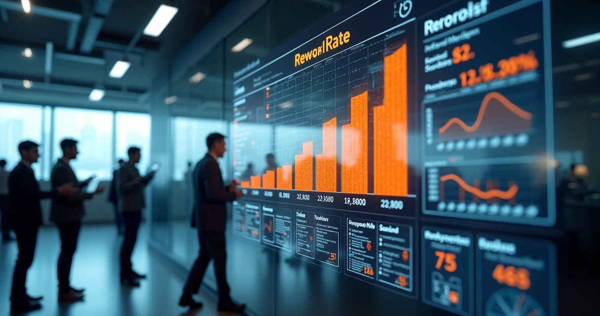 Painel digital mostrando gráfico da taxa de retrabalho em escritório grande 