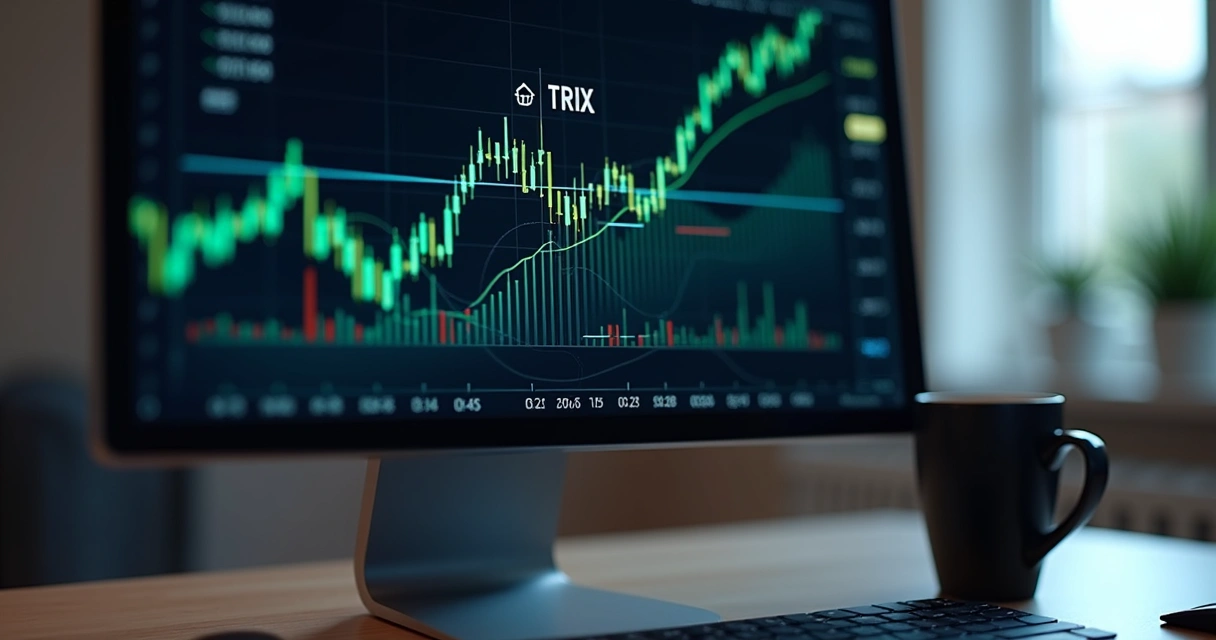Gráfico com indicador TRIX sobreposto a linhas de preço na tela de um computador 