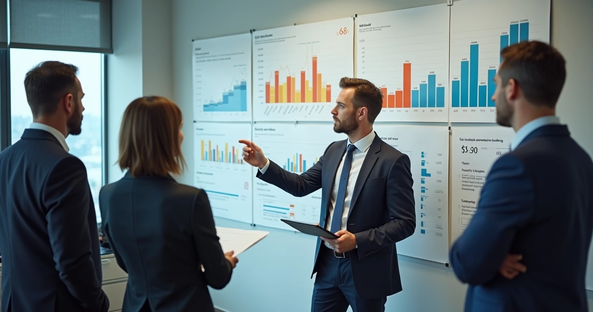 Líder analisando gráficos financeiros na parede ao lado do time em ambiente de crise. 