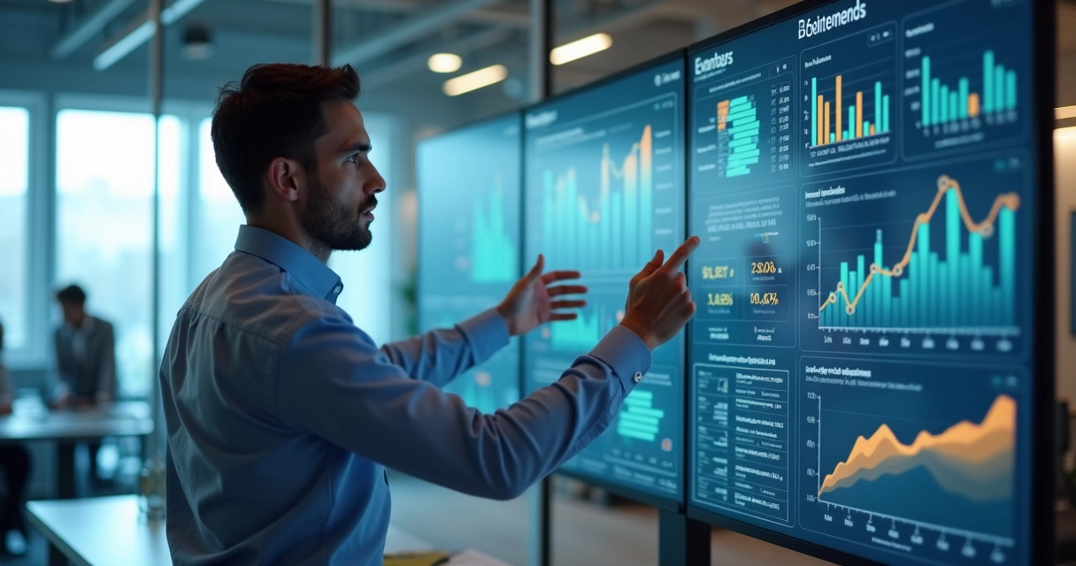 Gestor analisando indicadores em dashboards digitais 