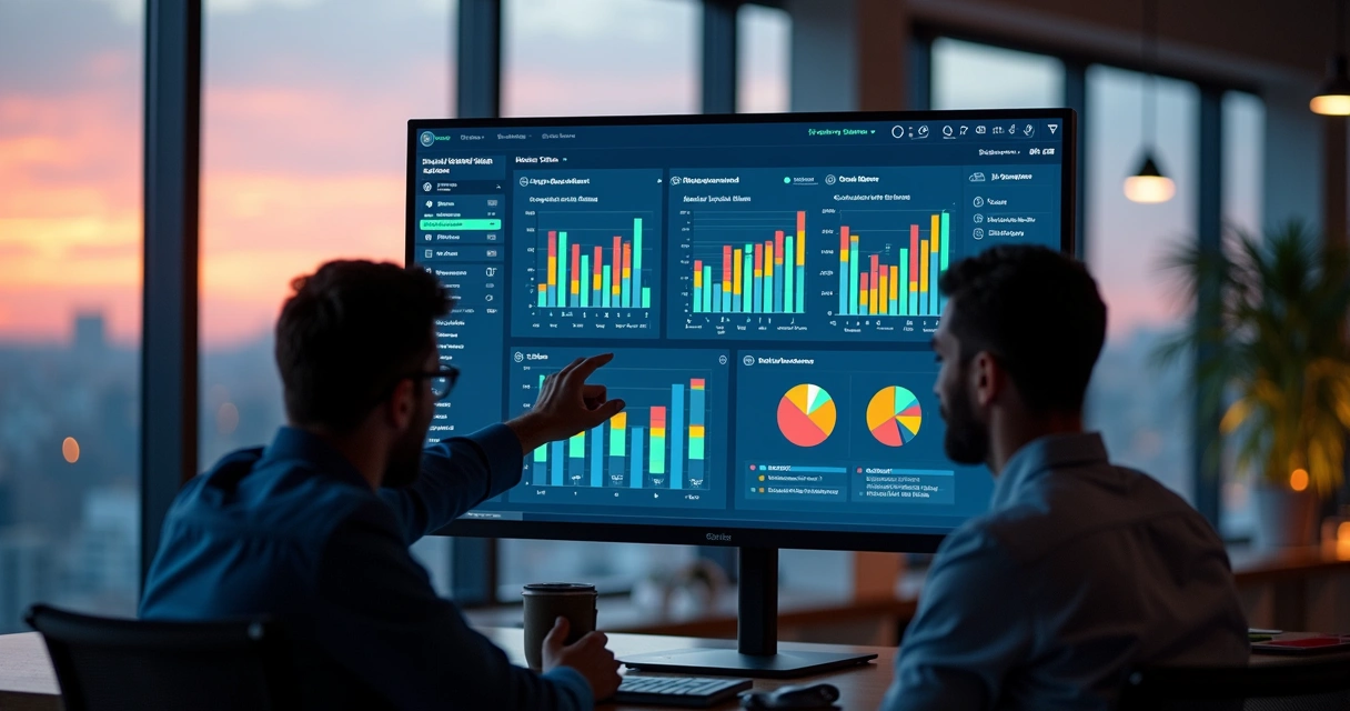 Tela de computador com gráficos e indicadores de processos em painel digital