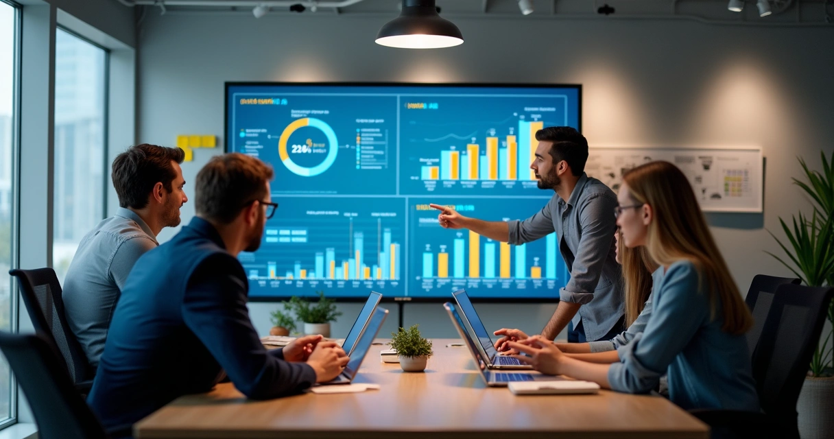 Indicadores de desempenho mostrados em tela de computador durante reunião de análise.