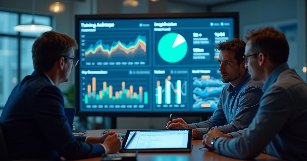 Gestores analisando indicadores de treinamento em dashboard digital 