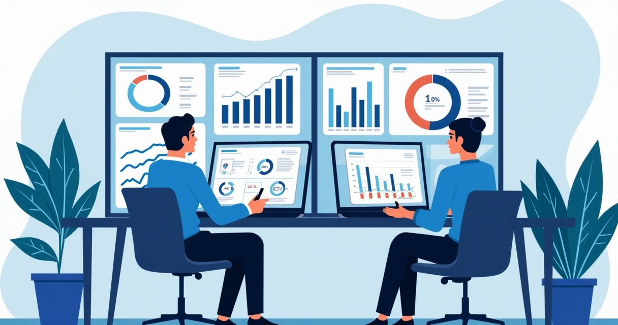 Diretores de empresa analisam gráficos de indicadores de desempenho em dashboard digital