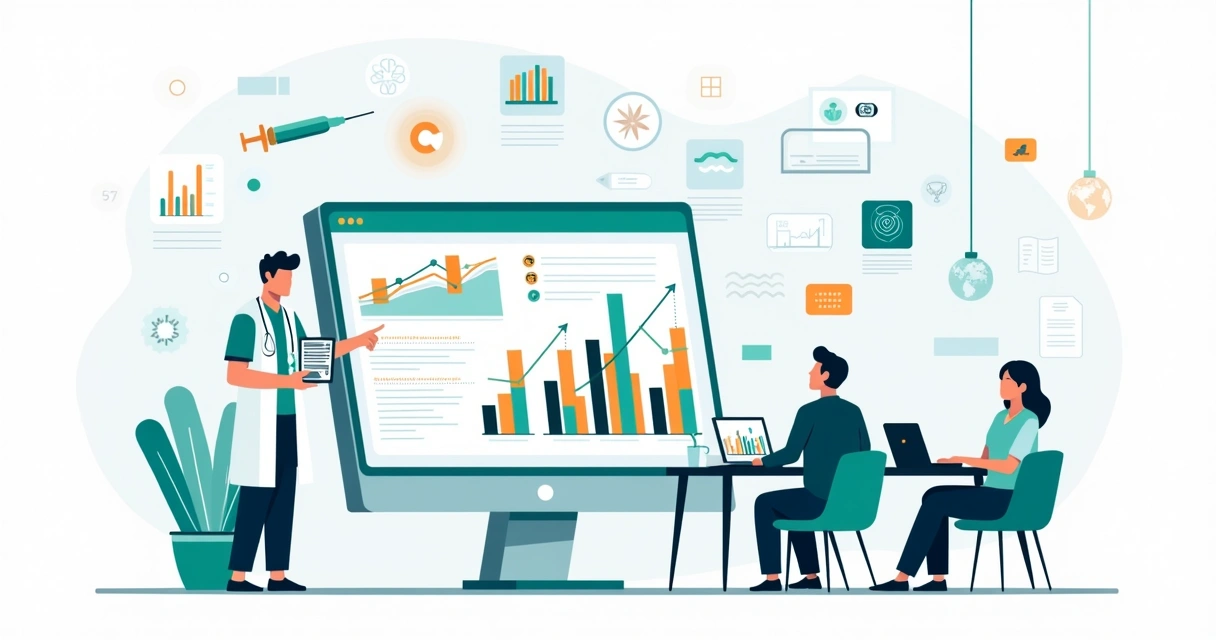 Gráfico de indicadores assistenciais em anestesia com equipe analisando dados 
