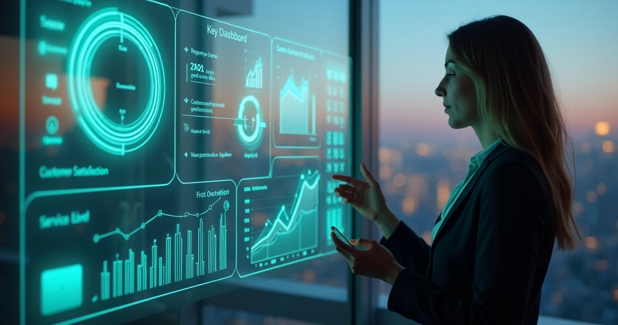 Gestora analisando indicadores de atendimento digital em painel transparente 