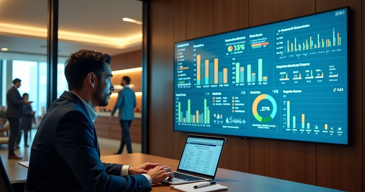 Gestor de hotel analisando indicadores de atendimento em painel digital 