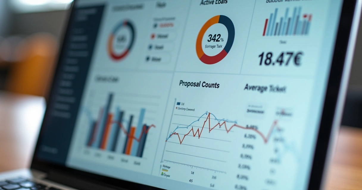 Gráfico de indicadores comerciais em tela de notebook aberto 