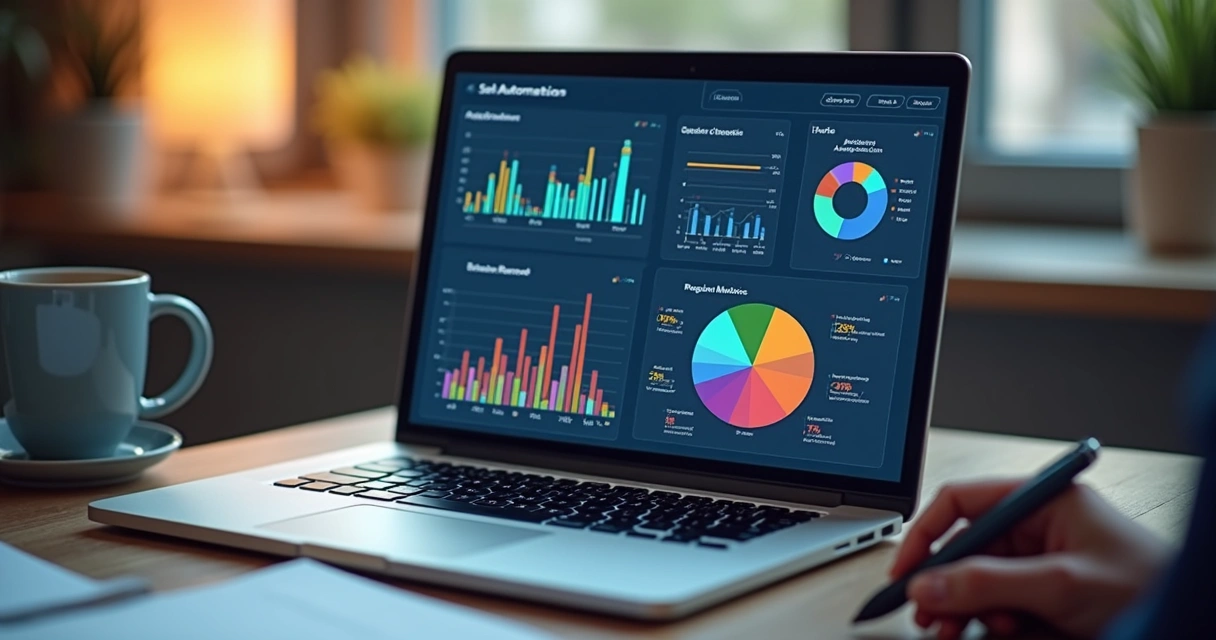 Gráfico com indicadores de vendas automatizadas sendo analisados na tela de um notebook 