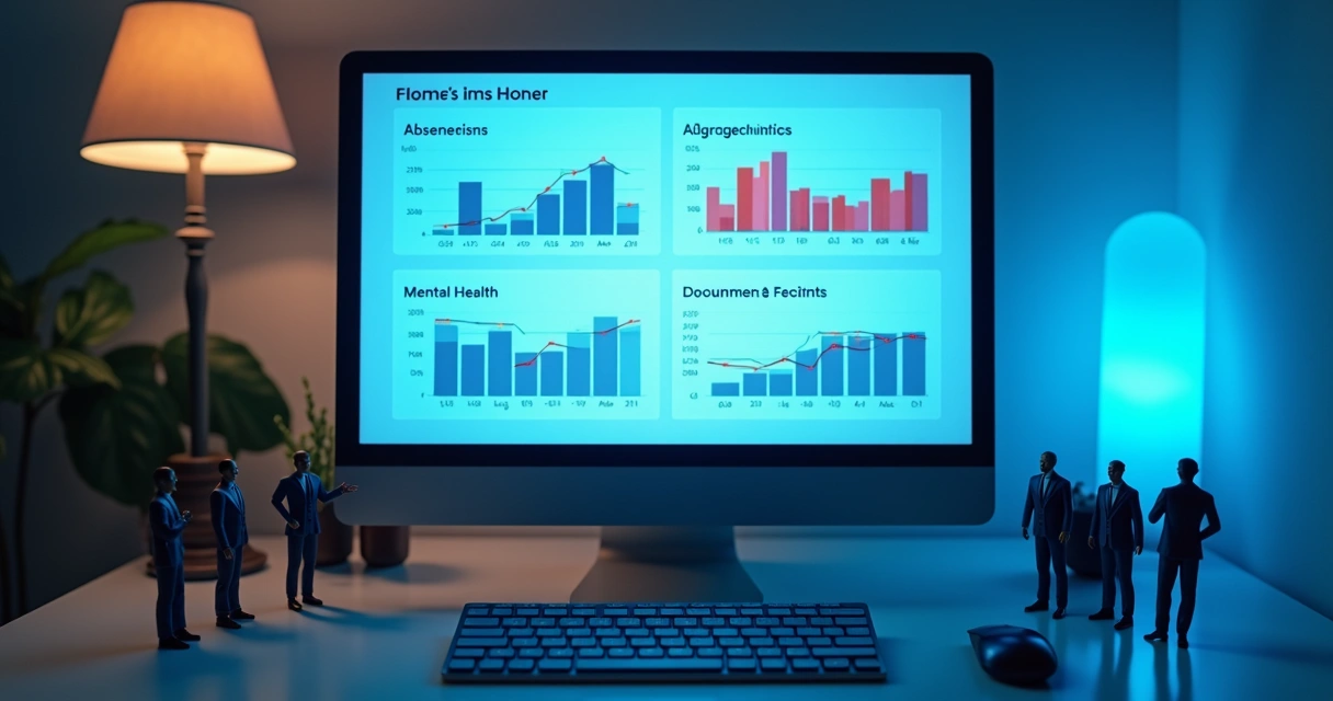 Dashboard digital mostrando indicadores de bem-estar no trabalho. 