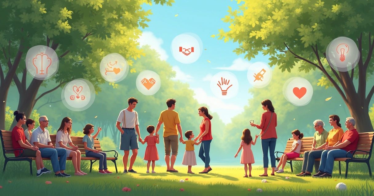 Indicadores de bem-estar social representados por várias pessoas reunidas 