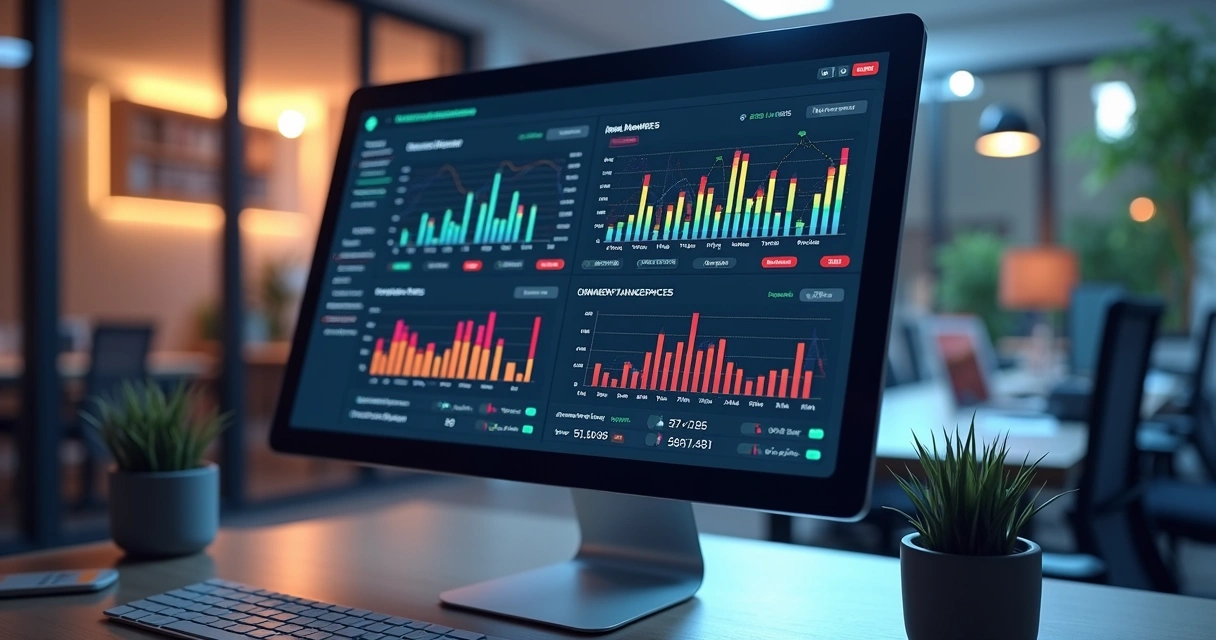 Painel analítico mostrando gráficos de performance e alertas de fraude 