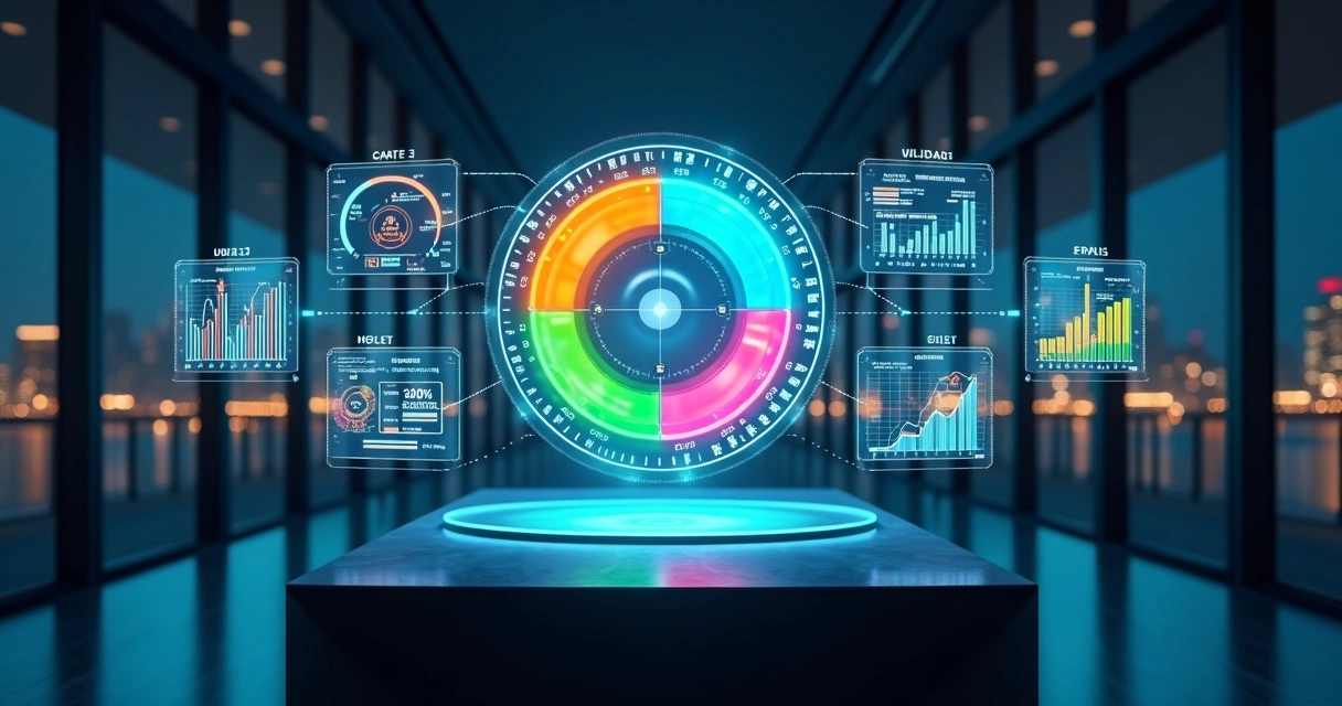 Painel circular com indicadores de campanhas B2B conectados por gráficos 