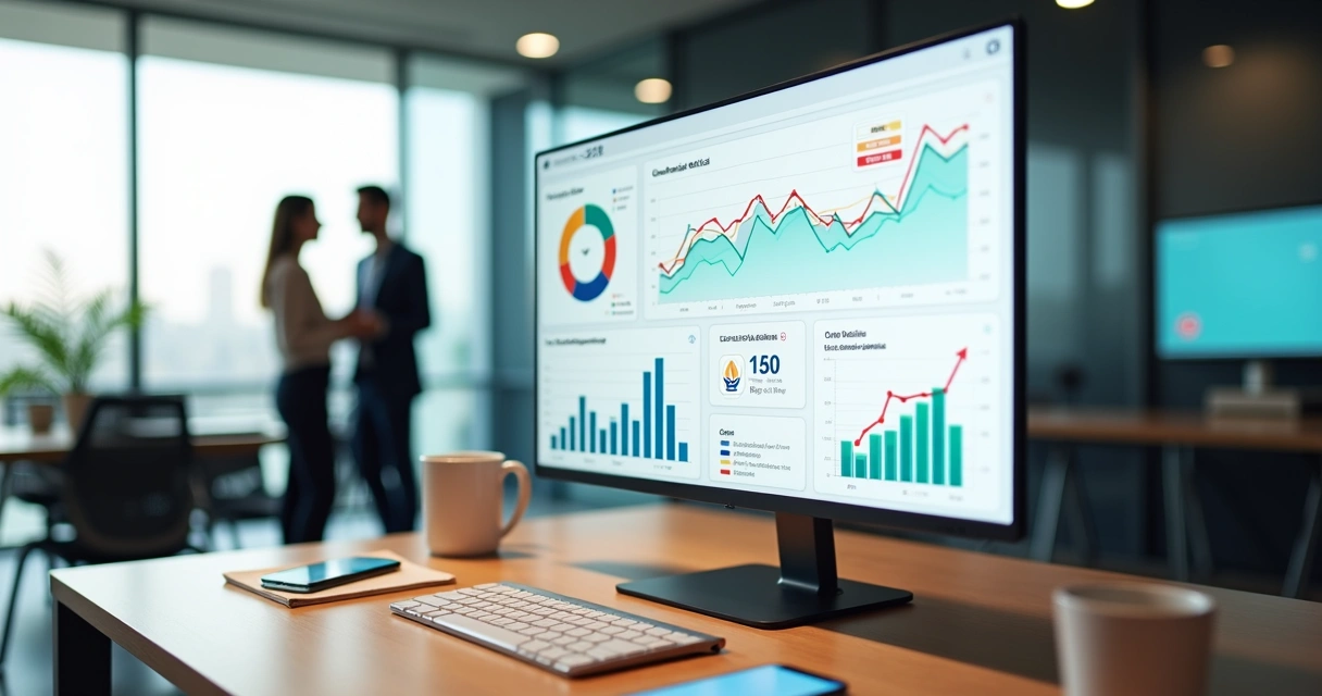 Dashboard de indicadores de cancelamento em 2025 em tela de computador em escritório de contabilidade 