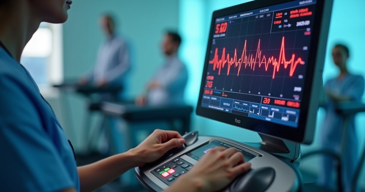 Eletrocardiograma e equipamentos de monitoramento em exame