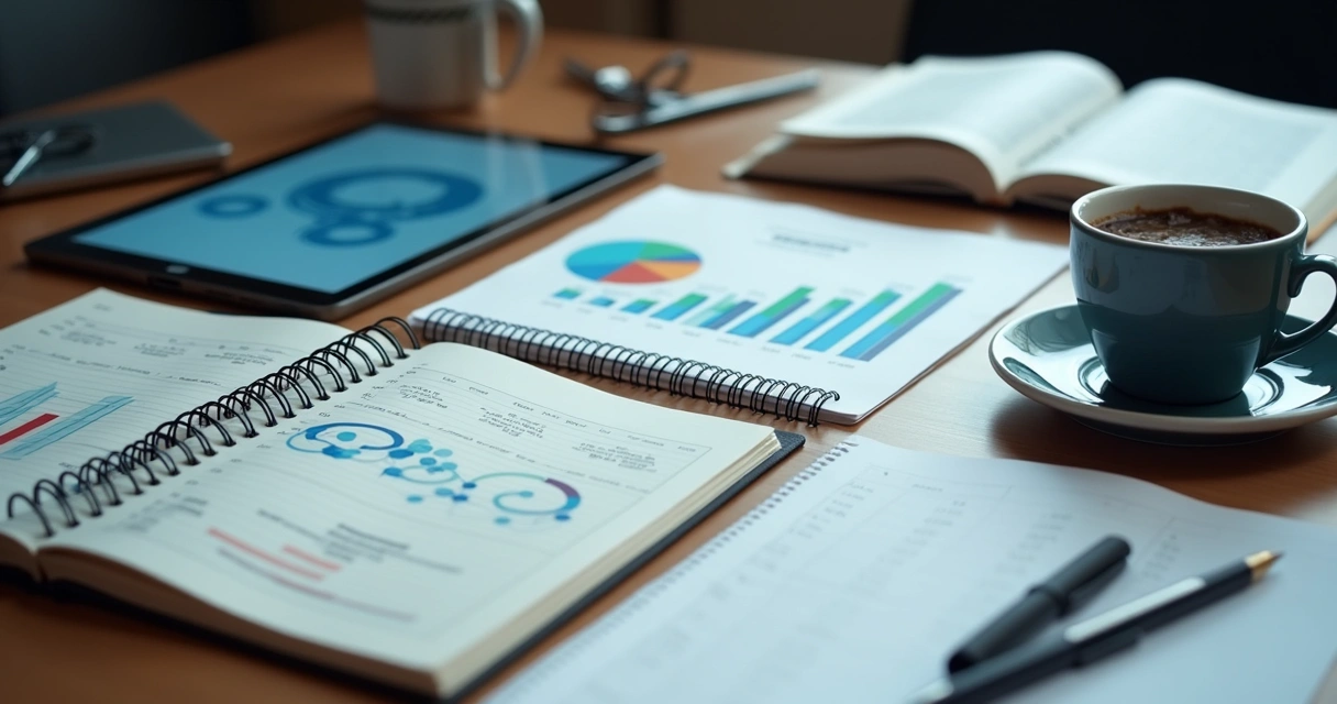 Indicadores chave para gestão de barbearia, gráficos e relatórios em mesa de escritório. 