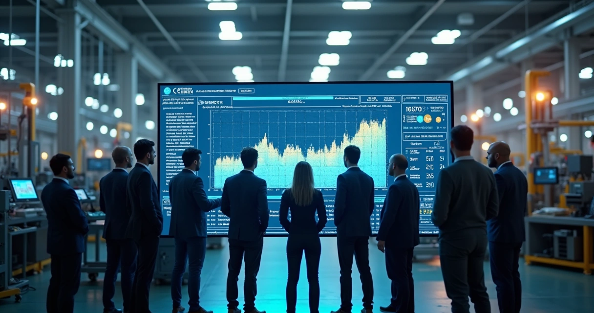 Gestores e operadores conferindo indicadores de produção em quadro digital na linha de montagem.