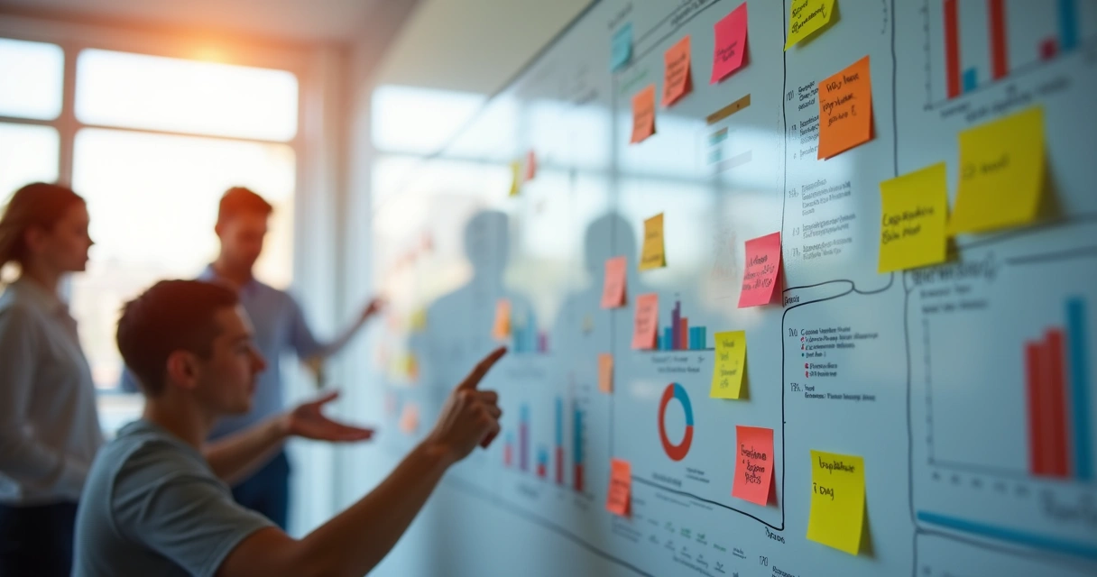 Quadro branco com indicadores e gráficos coloridos sobre clima e engajamento organizacional 