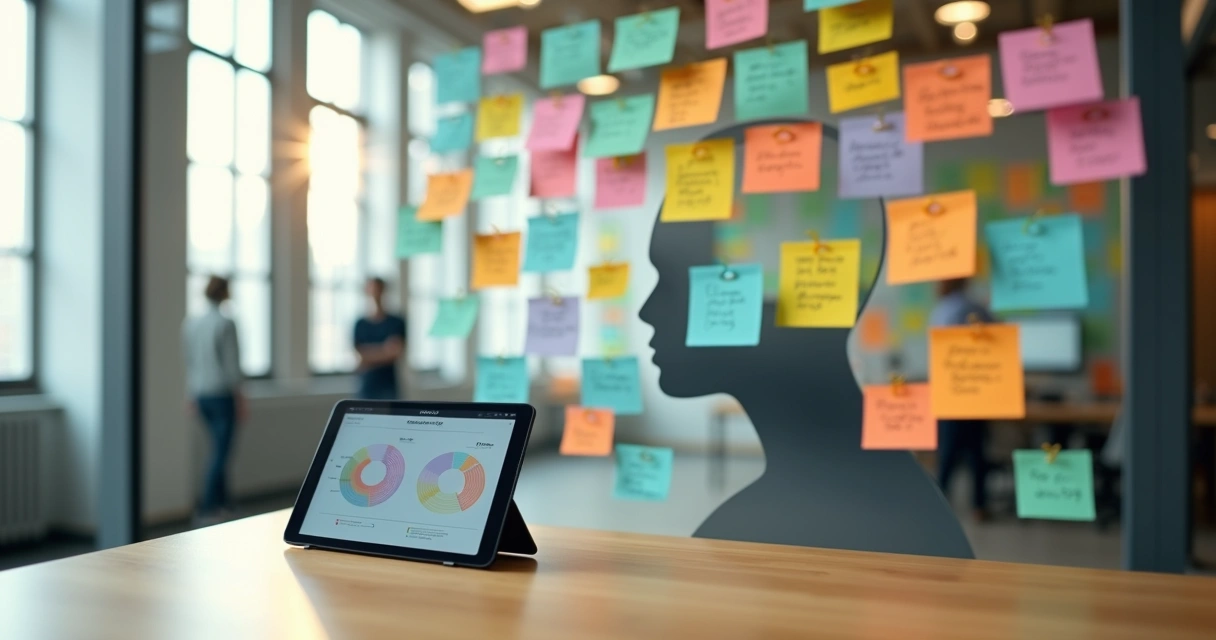 Mural de post-its coloridos formando silhueta humana em escritório 