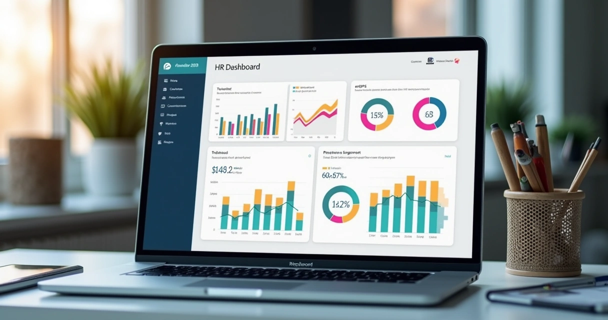 Gráficos de indicadores de RH em tela de notebook 