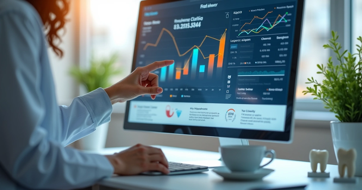 Painel digital com gráficos e métricas financeiras de clínica odontológica 