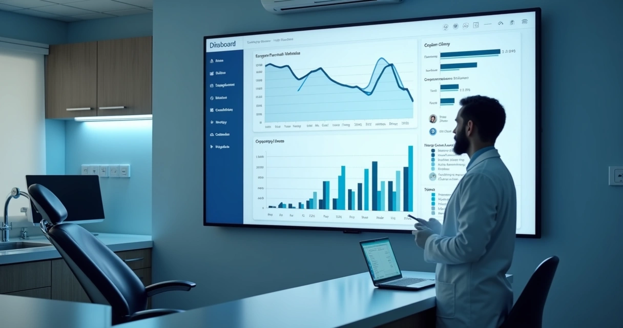 Painel com indicadores financeiros em clínica odontológica