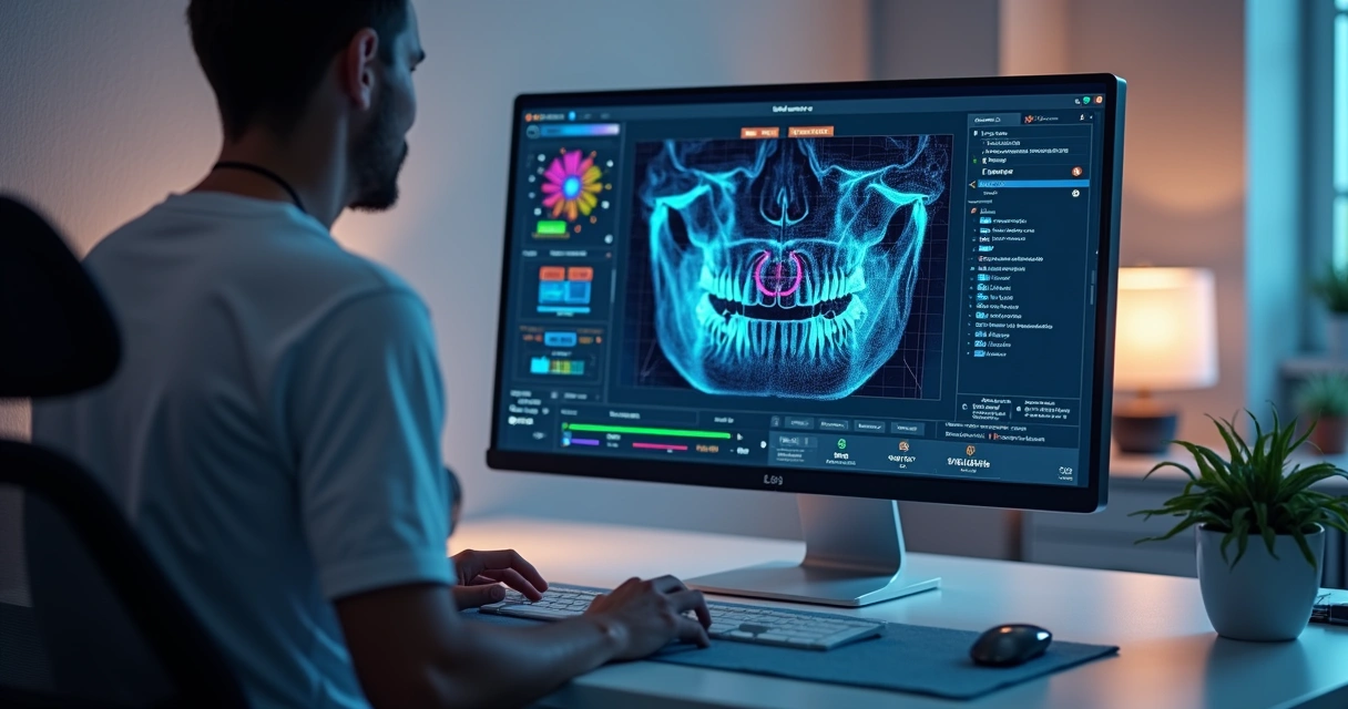 Gráfico colorido de indicadores de desempenho em tela de computador na clínica odontológica
