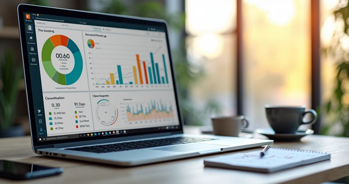 Gráfico financeiro em tela de computador mostrando indicadores de cobrança com barras e números coloridos 