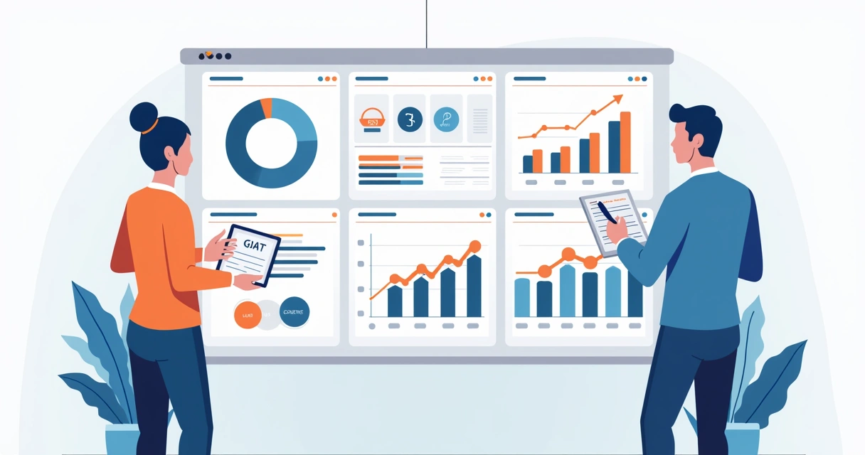 Painel com indicadores comerciais B2B e equipe analisando métricas