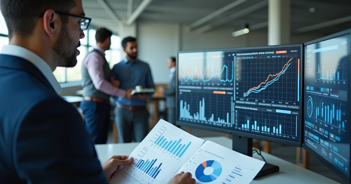 Gestor analisando indicadores comerciais no setor da construção 