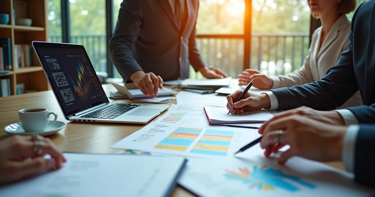 Painel com gráficos coloridos de indicadores de vendas em escritório de contabilidade 