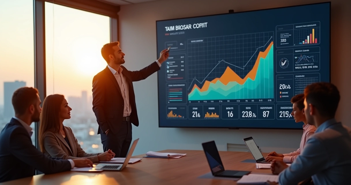 Líder analisando painel de indicadores comerciais em grande tela com equipe ao fundo 