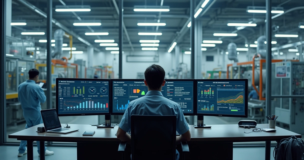 Painel com indicadores de confiabilidade de manutenção em fábrica industrial moderna 