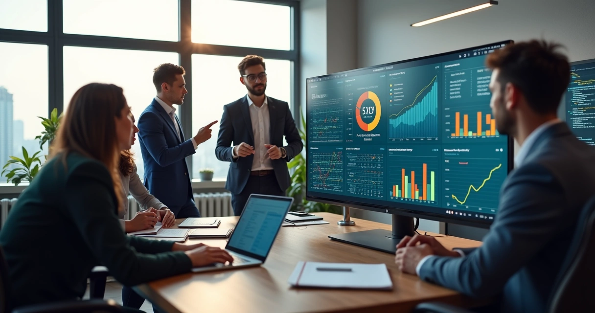Equipe contábil analisando painel de indicadores e gráficos financeiros 